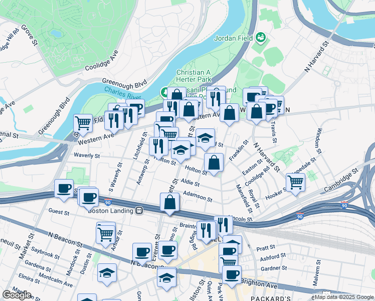 map of restaurants, bars, coffee shops, grocery stores, and more near 1 Raymond Street in Boston
