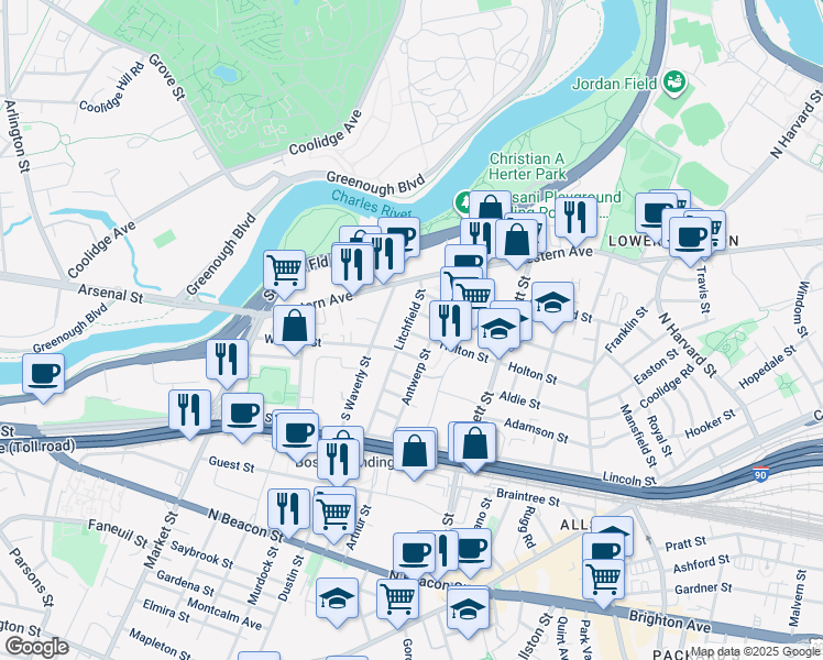 map of restaurants, bars, coffee shops, grocery stores, and more near 96 Litchfield Street in Boston