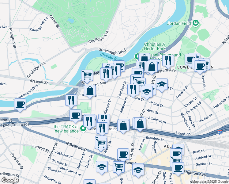 map of restaurants, bars, coffee shops, grocery stores, and more near 96 Litchfield Street in Boston