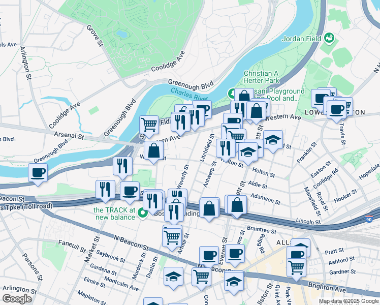 map of restaurants, bars, coffee shops, grocery stores, and more near 16 Abby Road in Boston