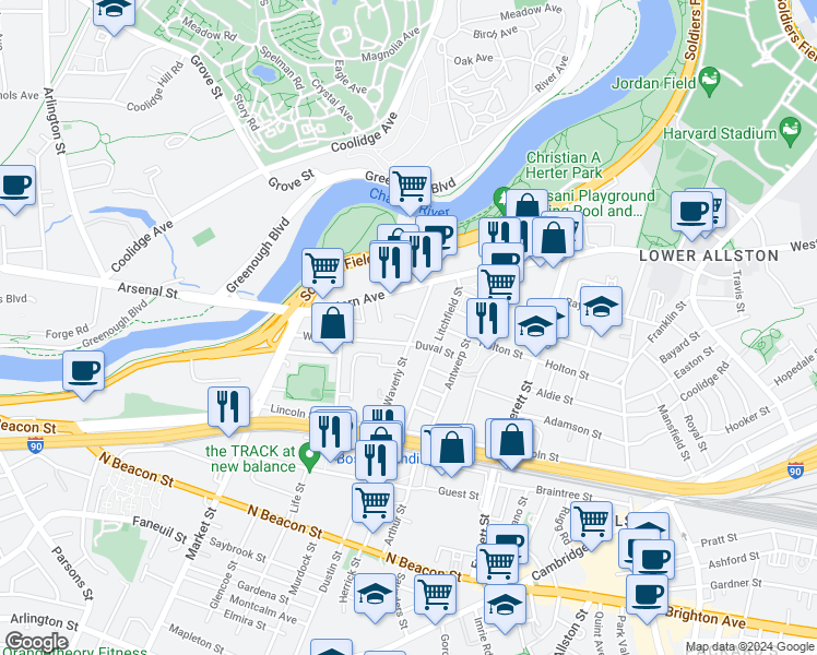 map of restaurants, bars, coffee shops, grocery stores, and more near 16 Abby Road in Boston