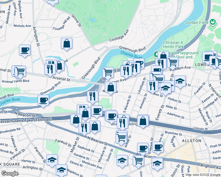 map of restaurants, bars, coffee shops, grocery stores, and more near 516-522 Western Avenue in Boston