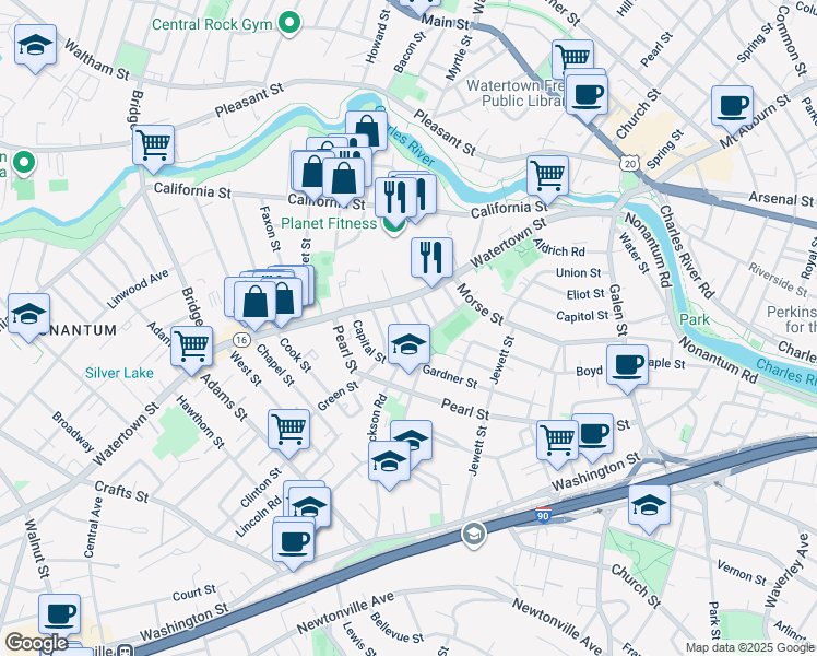 map of restaurants, bars, coffee shops, grocery stores, and more near 67 Pond Avenue in Newton