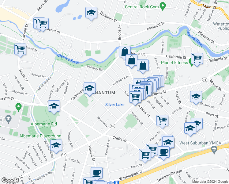 map of restaurants, bars, coffee shops, grocery stores, and more near 57 Adams Street in Newton