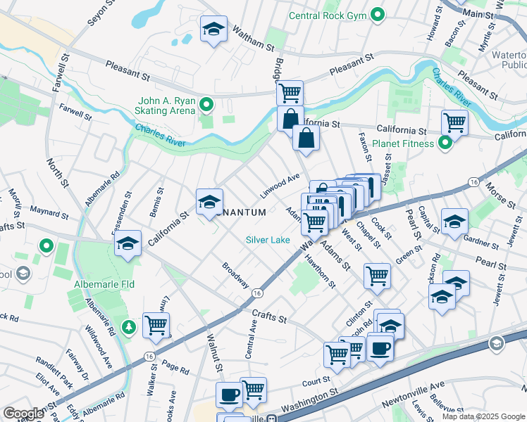 map of restaurants, bars, coffee shops, grocery stores, and more near 57 Adams Street in Newton
