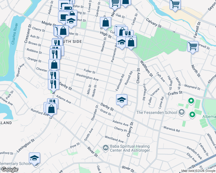 map of restaurants, bars, coffee shops, grocery stores, and more near 21 Elsworth Road in Newton