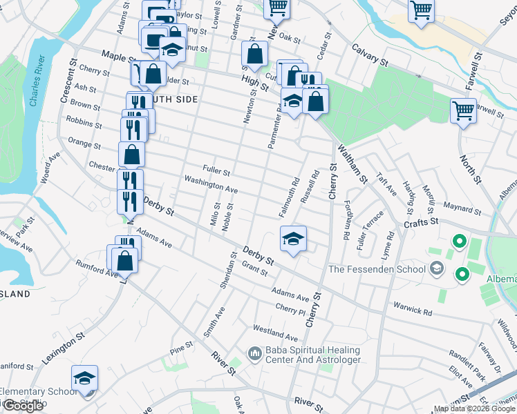 map of restaurants, bars, coffee shops, grocery stores, and more near 155 Washington Avenue in Newton
