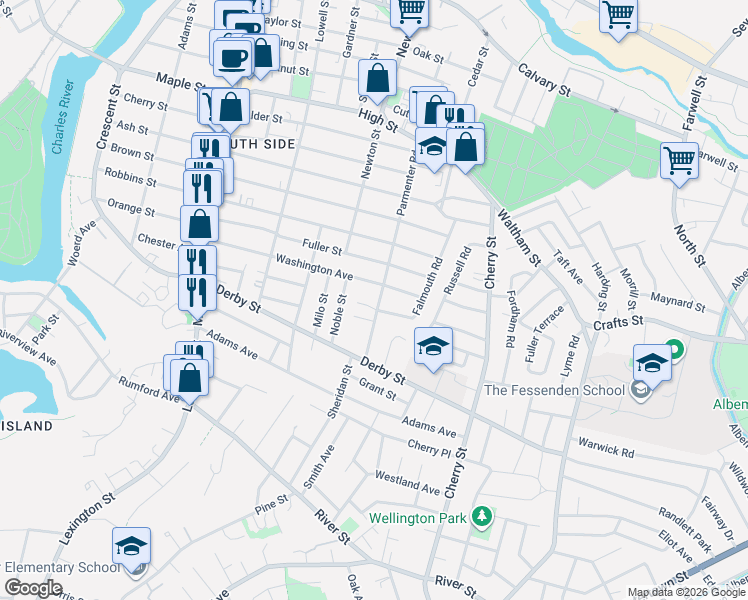 map of restaurants, bars, coffee shops, grocery stores, and more near 155 Washington Avenue in Newton