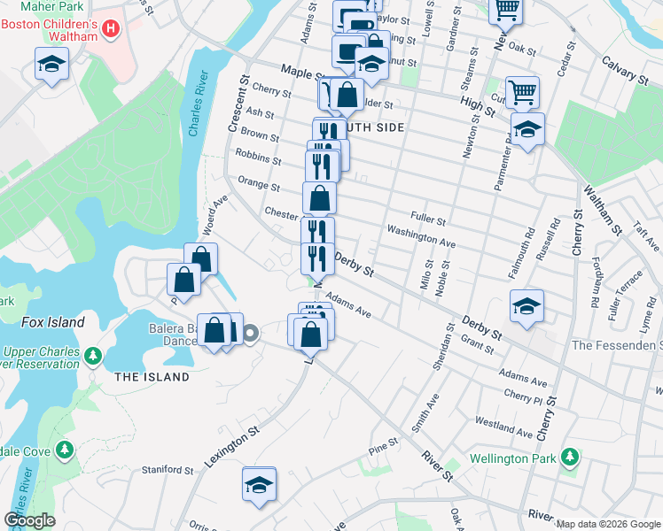 map of restaurants, bars, coffee shops, grocery stores, and more near 24 Derby Street in Waltham