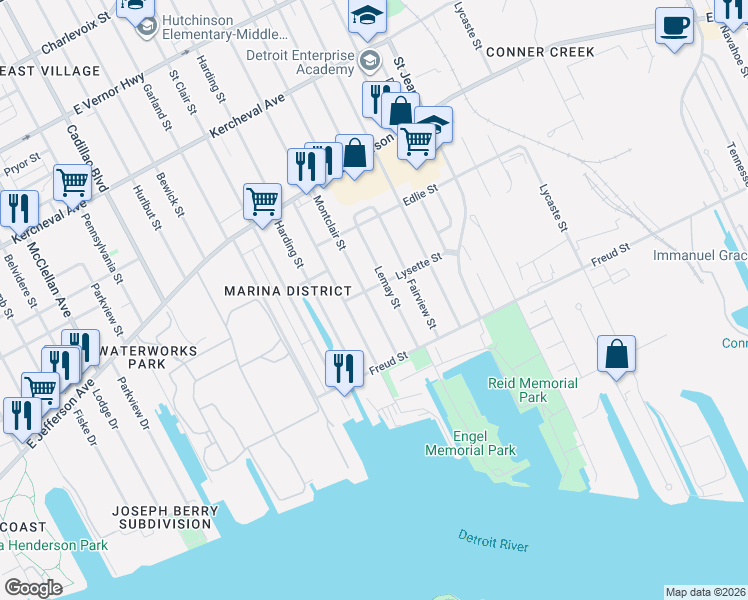 map of restaurants, bars, coffee shops, grocery stores, and more near 585 Lemay Street in Detroit