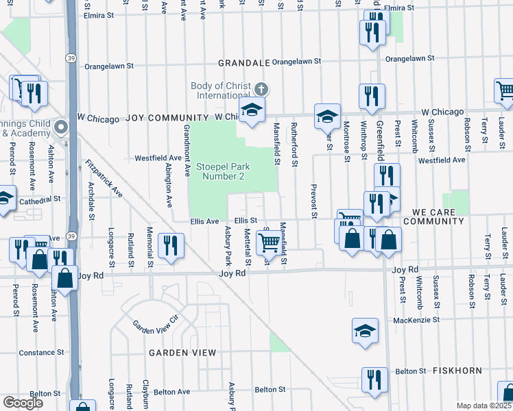 map of restaurants, bars, coffee shops, grocery stores, and more near 16211 Cathedral Street in Detroit