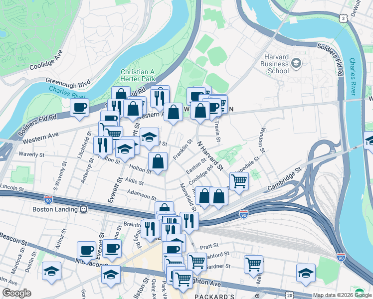 map of restaurants, bars, coffee shops, grocery stores, and more near 158-160 Franklin Street in Boston