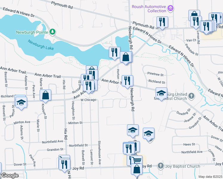 map of restaurants, bars, coffee shops, grocery stores, and more near 37518 Arbor Woods Drive in Livonia