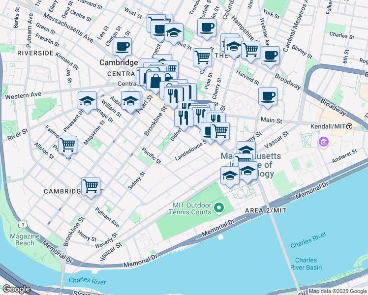 map of restaurants, bars, coffee shops, grocery stores, and more near 35 Landsdowne Street in Cambridge