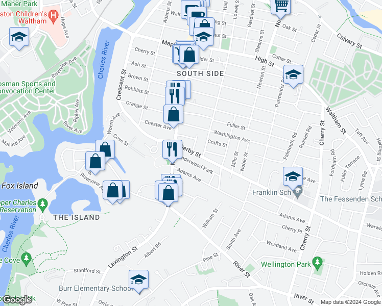 map of restaurants, bars, coffee shops, grocery stores, and more near 33 Derby Street in Waltham