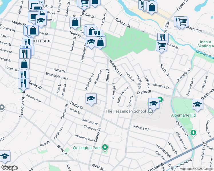 map of restaurants, bars, coffee shops, grocery stores, and more near 19 Sylvester Road in Newton