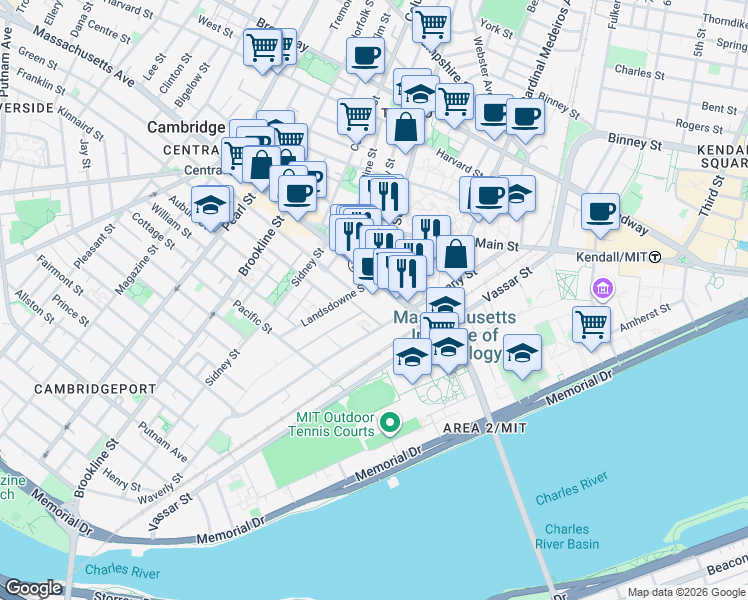 map of restaurants, bars, coffee shops, grocery stores, and more near 250 Massachusetts Avenue in Cambridge