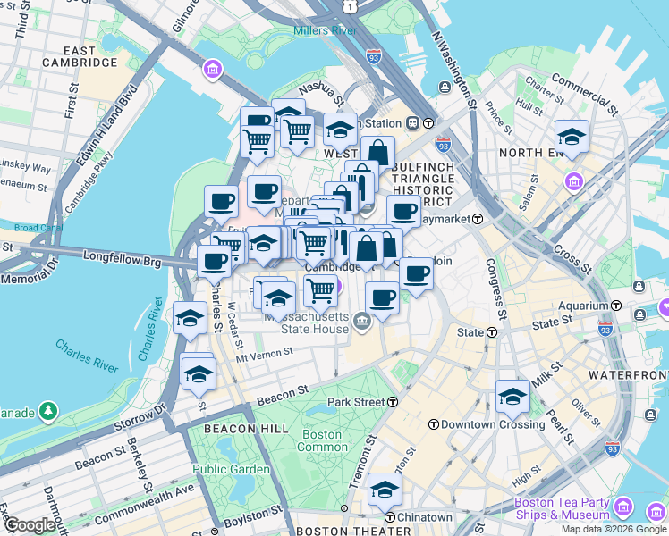 map of restaurants, bars, coffee shops, grocery stores, and more near Cambridge Street & Joy Street in Boston