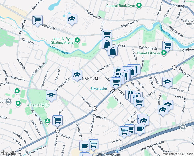 map of restaurants, bars, coffee shops, grocery stores, and more near 57 Adams Street in Newton