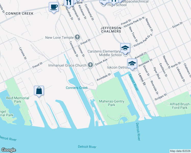 map of restaurants, bars, coffee shops, grocery stores, and more near 462 Conner Street in Detroit