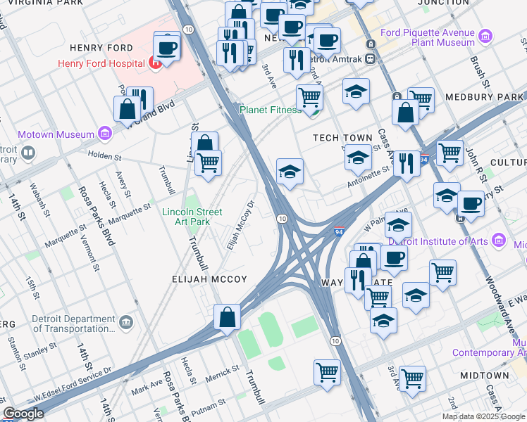 map of restaurants, bars, coffee shops, grocery stores, and more near 5881 John C Lodge Freeway in Detroit