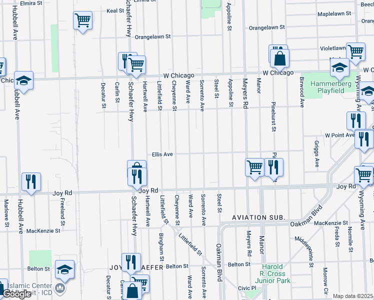 map of restaurants, bars, coffee shops, grocery stores, and more near 9113 Ward Avenue in Detroit