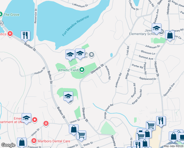map of restaurants, bars, coffee shops, grocery stores, and more near 381 Stevens Street in Marlborough