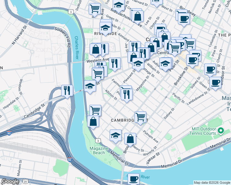map of restaurants, bars, coffee shops, grocery stores, and more near 25 Andrew Street in Cambridge