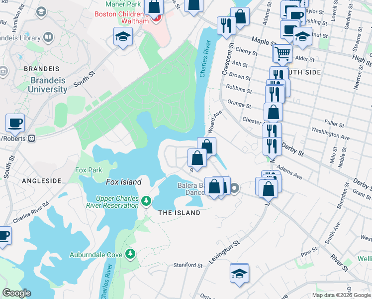 map of restaurants, bars, coffee shops, grocery stores, and more near 20 Riverview Avenue in Waltham