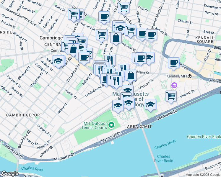 map of restaurants, bars, coffee shops, grocery stores, and more near 220 Massachusetts Avenue in Cambridge