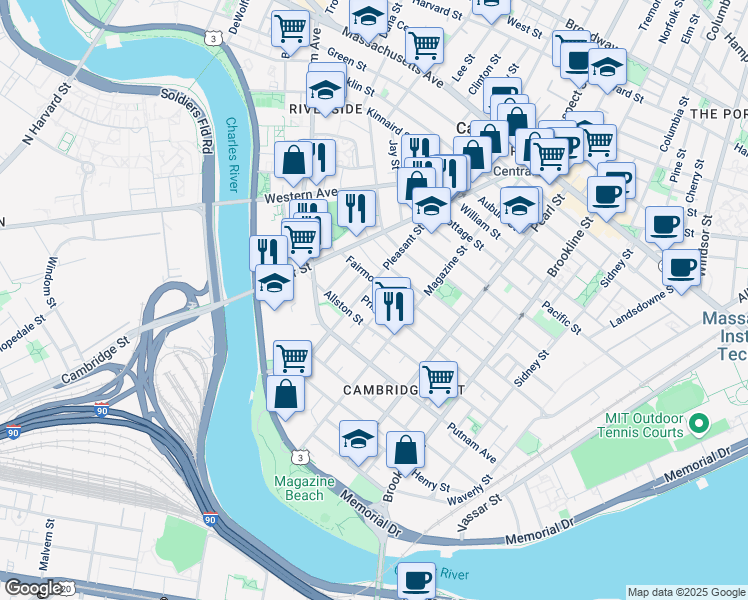 map of restaurants, bars, coffee shops, grocery stores, and more near 25 Fairmont Street in Cambridge