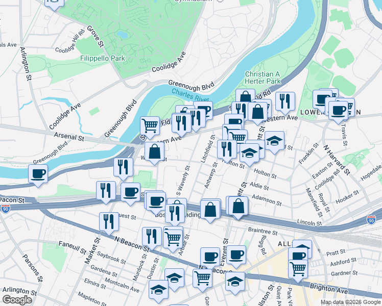 map of restaurants, bars, coffee shops, grocery stores, and more near 16 Abby Road in Boston