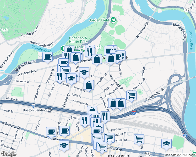 map of restaurants, bars, coffee shops, grocery stores, and more near 158-160 Franklin Street in Boston