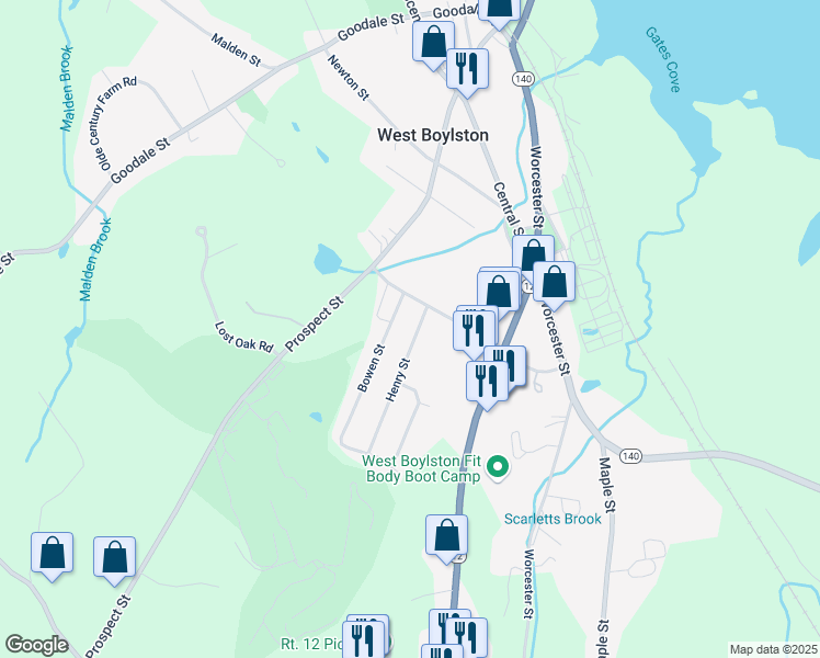 map of restaurants, bars, coffee shops, grocery stores, and more near 9 Bowen Street in West Boylston