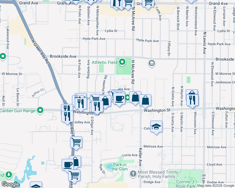 map of restaurants, bars, coffee shops, grocery stores, and more near 2635 West Cornelia Avenue in Waukegan