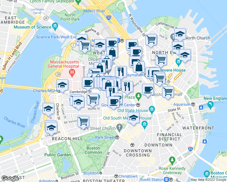 map of restaurants, bars, coffee shops, grocery stores, and more near Cambridge St & Bowdoin St in Boston
