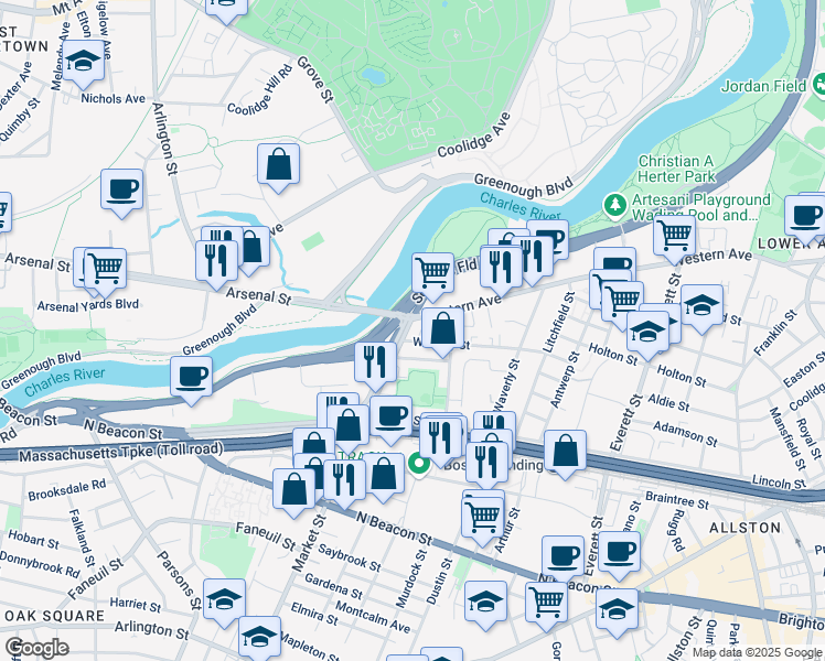 map of restaurants, bars, coffee shops, grocery stores, and more near 1437 Soldiers Field Road in Boston