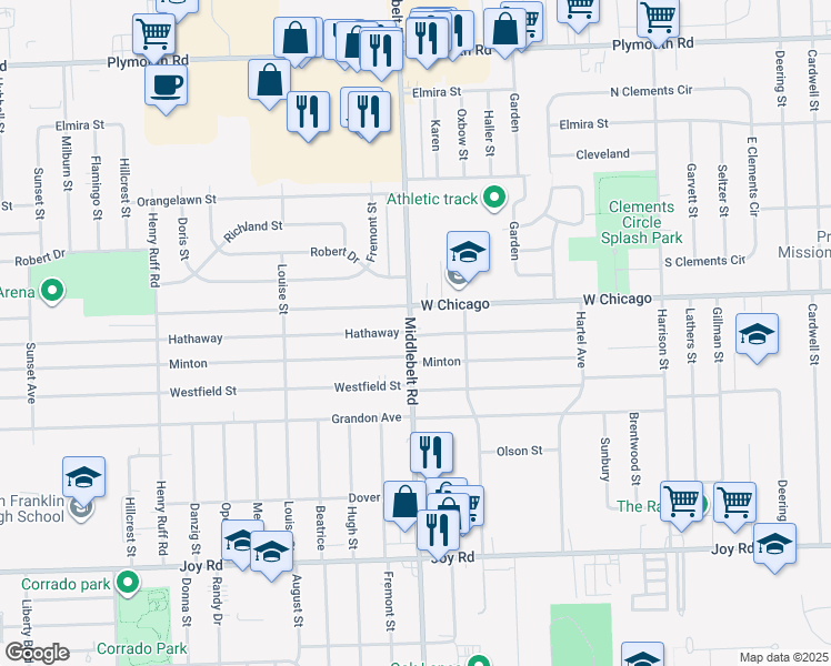 map of restaurants, bars, coffee shops, grocery stores, and more near in Livonia