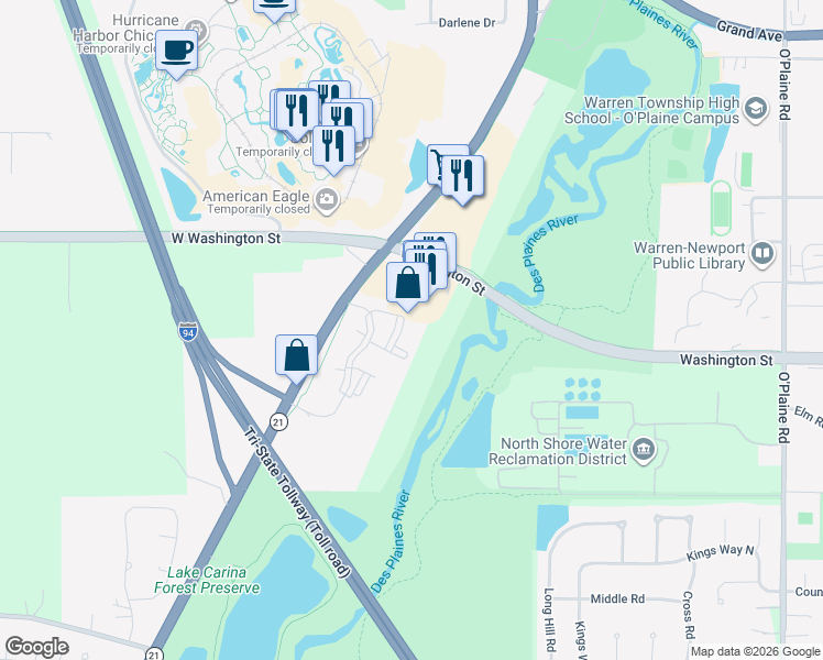map of restaurants, bars, coffee shops, grocery stores, and more near 189 Woodlake Boulevard in Gurnee