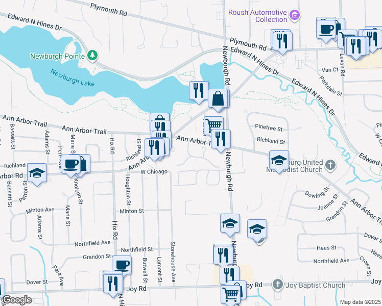 map of restaurants, bars, coffee shops, grocery stores, and more near 37518 Arbor Woods Drive in Livonia