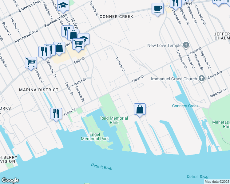 map of restaurants, bars, coffee shops, grocery stores, and more near 176 Sea Breeze Drive in Detroit