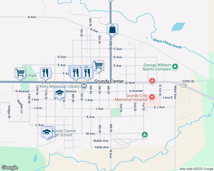 map of restaurants, bars, coffee shops, grocery stores, and more near 320 G Avenue in Grundy Center