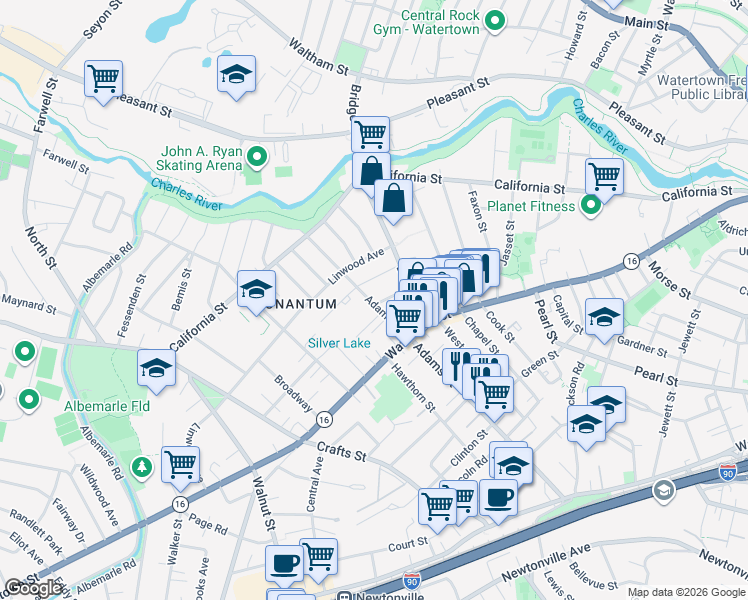 map of restaurants, bars, coffee shops, grocery stores, and more near 23 Chandler Street in Newton