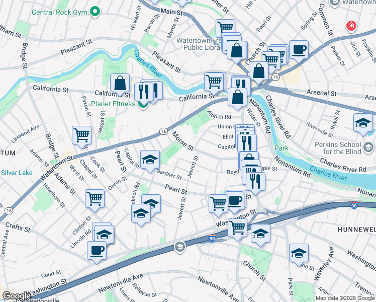 map of restaurants, bars, coffee shops, grocery stores, and more near 105 Union Street in Watertown