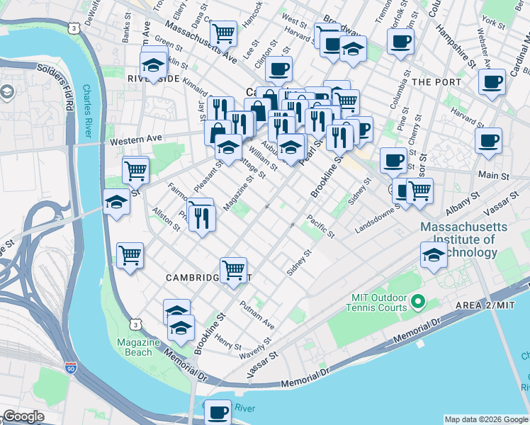 map of restaurants, bars, coffee shops, grocery stores, and more near 31 Decatur Street in Cambridge