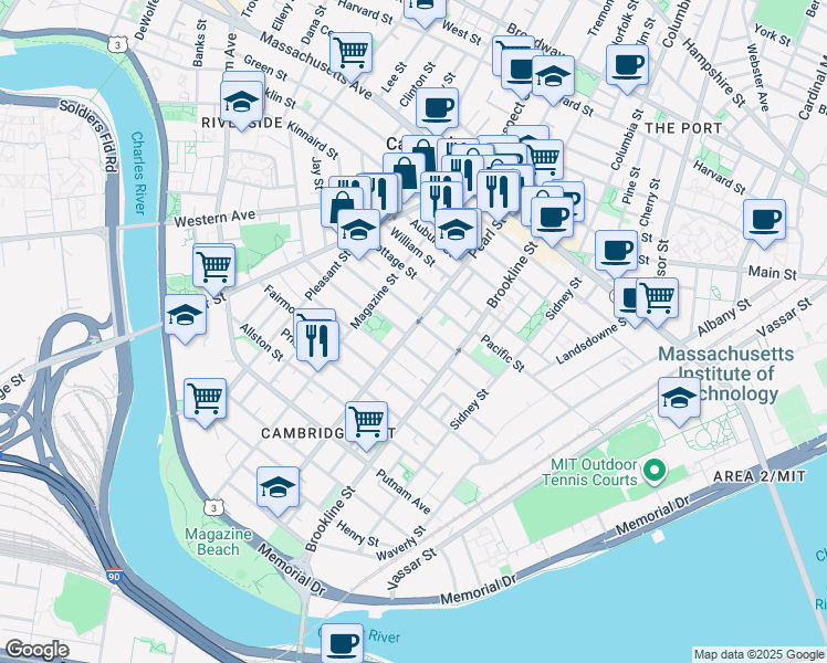 map of restaurants, bars, coffee shops, grocery stores, and more near 31 Decatur Street in Cambridge