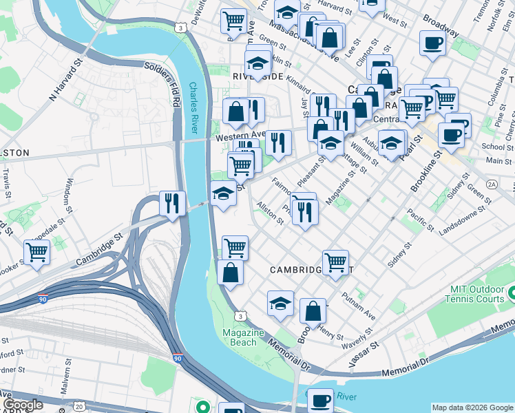 map of restaurants, bars, coffee shops, grocery stores, and more near 340 Putnam Avenue in Cambridge