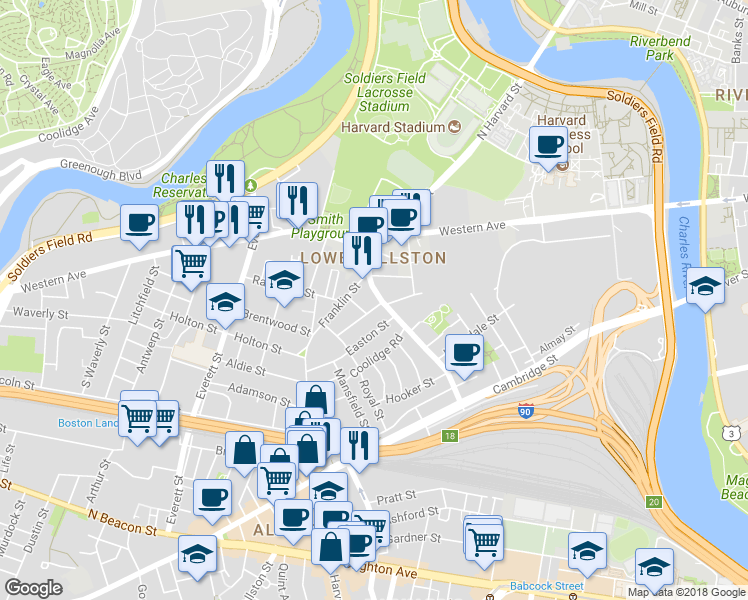 map of restaurants, bars, coffee shops, grocery stores, and more near 240 North Harvard Street in Boston