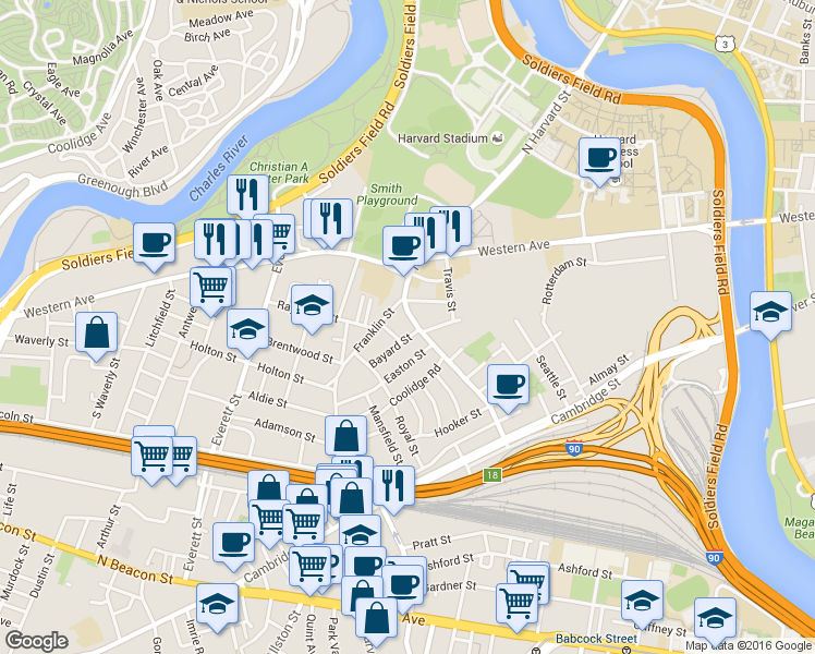 map of restaurants, bars, coffee shops, grocery stores, and more near 240 North Harvard Street in Boston