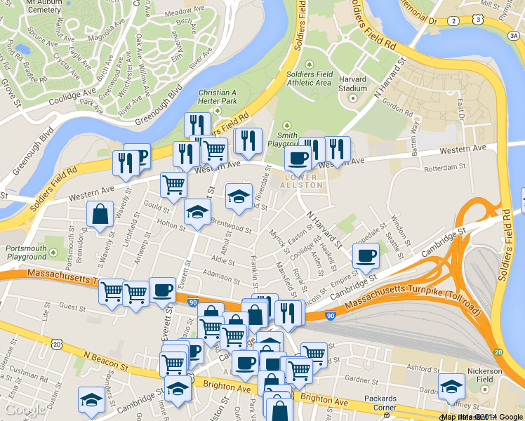 map of restaurants, bars, coffee shops, grocery stores, and more near 57 Riverdale Street in Boston